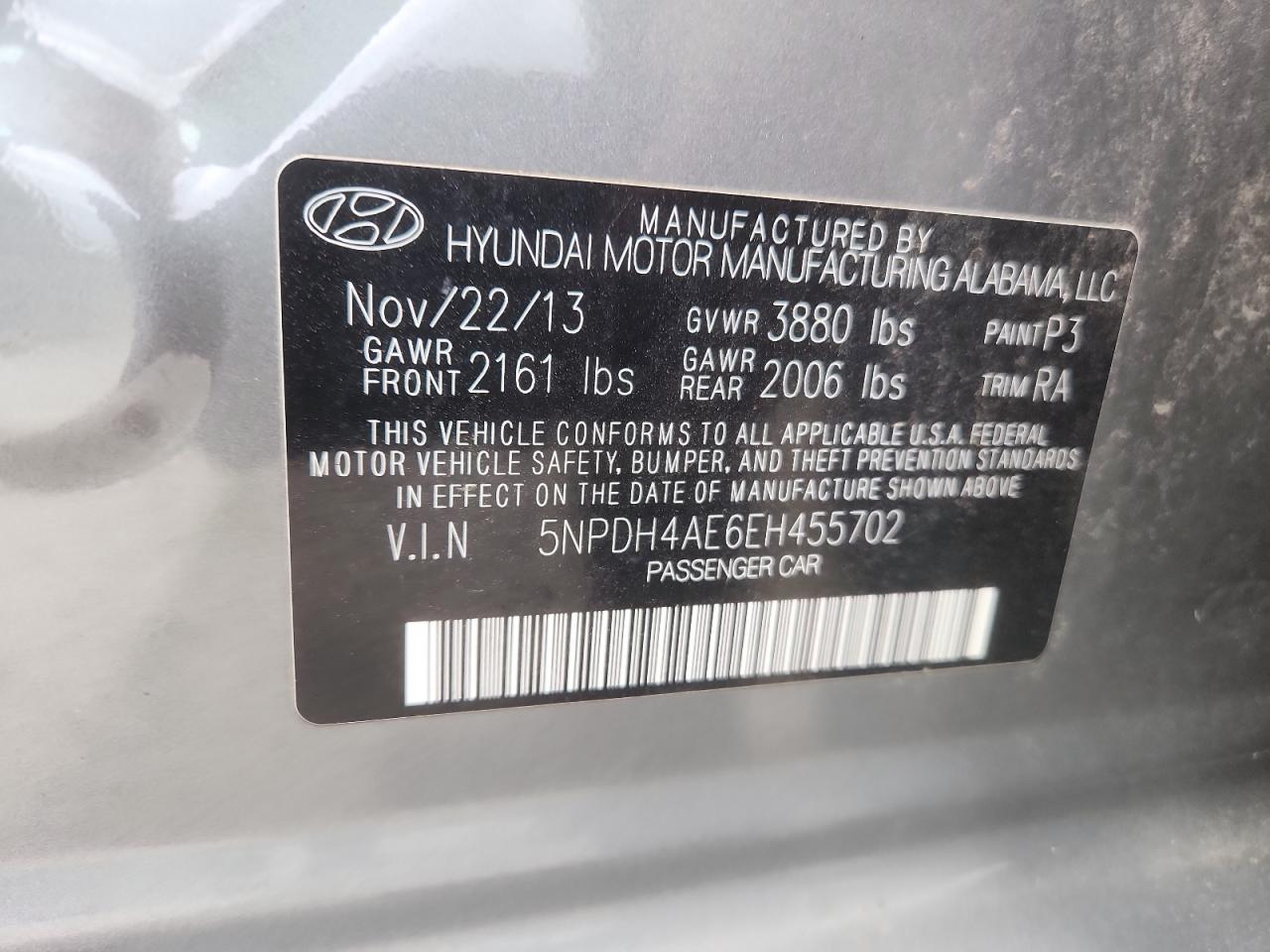 2014 Hyundai Elantra Se VIN: 5NPDH4AE6EH455702 Lot: 62858065