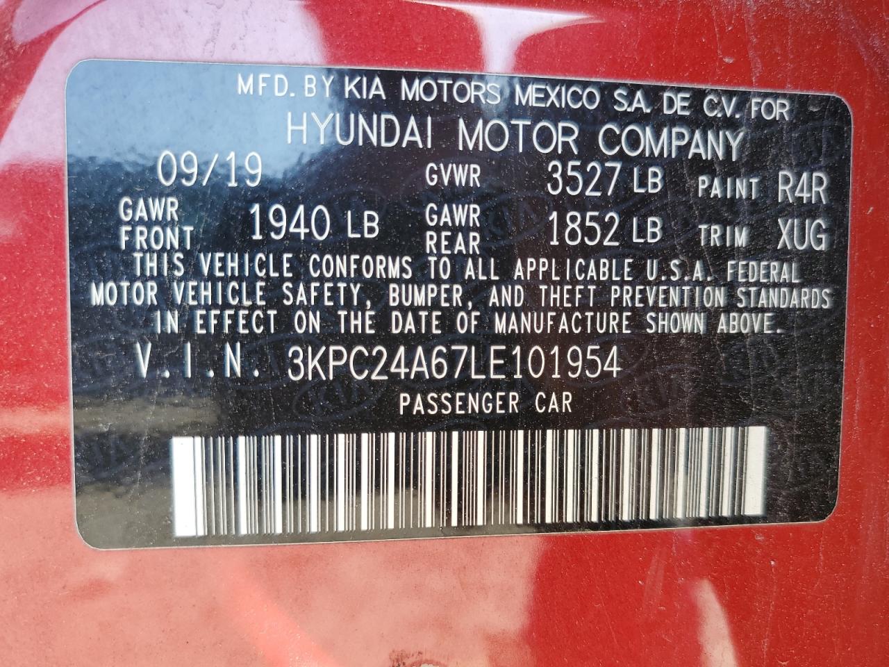 2020 Hyundai Accent Se VIN: 3KPC24A67LE101954 Lot: 62379115