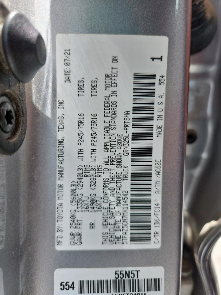 2021 Toyota Tacoma Double Cab VIN: 5TFAZ5CN7MX114542 Lot: 62760905