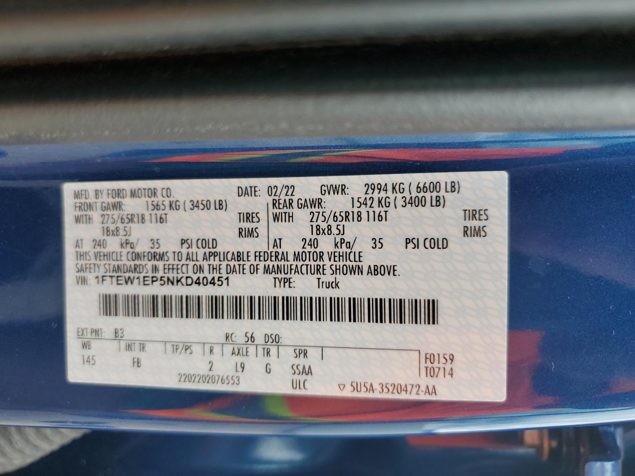 2022 Ford F150 Supercrew VIN: 1FTEW1EP5NKD40451 Lot: 61225985