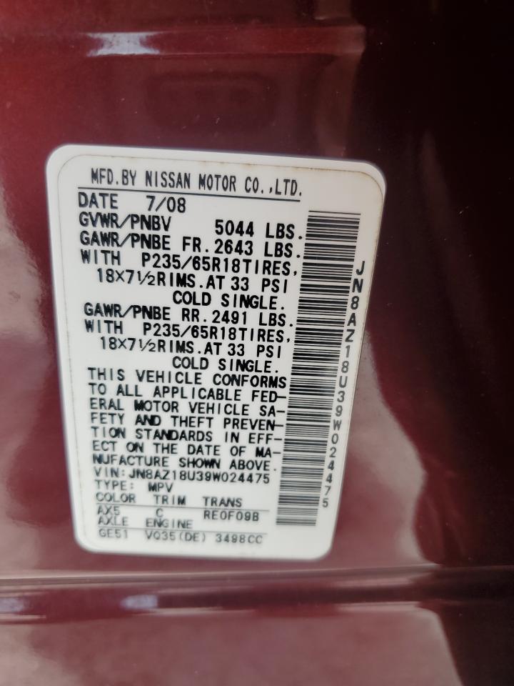 2009 Nissan Murano S VIN: JN8AZ18U39W024475 Lot: 58748625