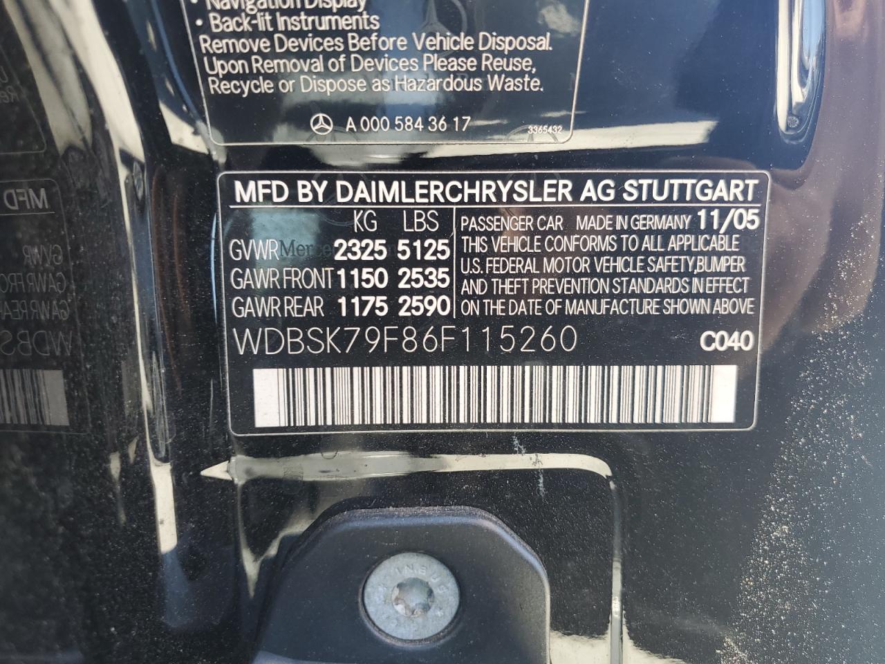 2006 Mercedes-Benz Sl 65 Amg VIN: WDBSK79F86F115260 Lot: 61250785