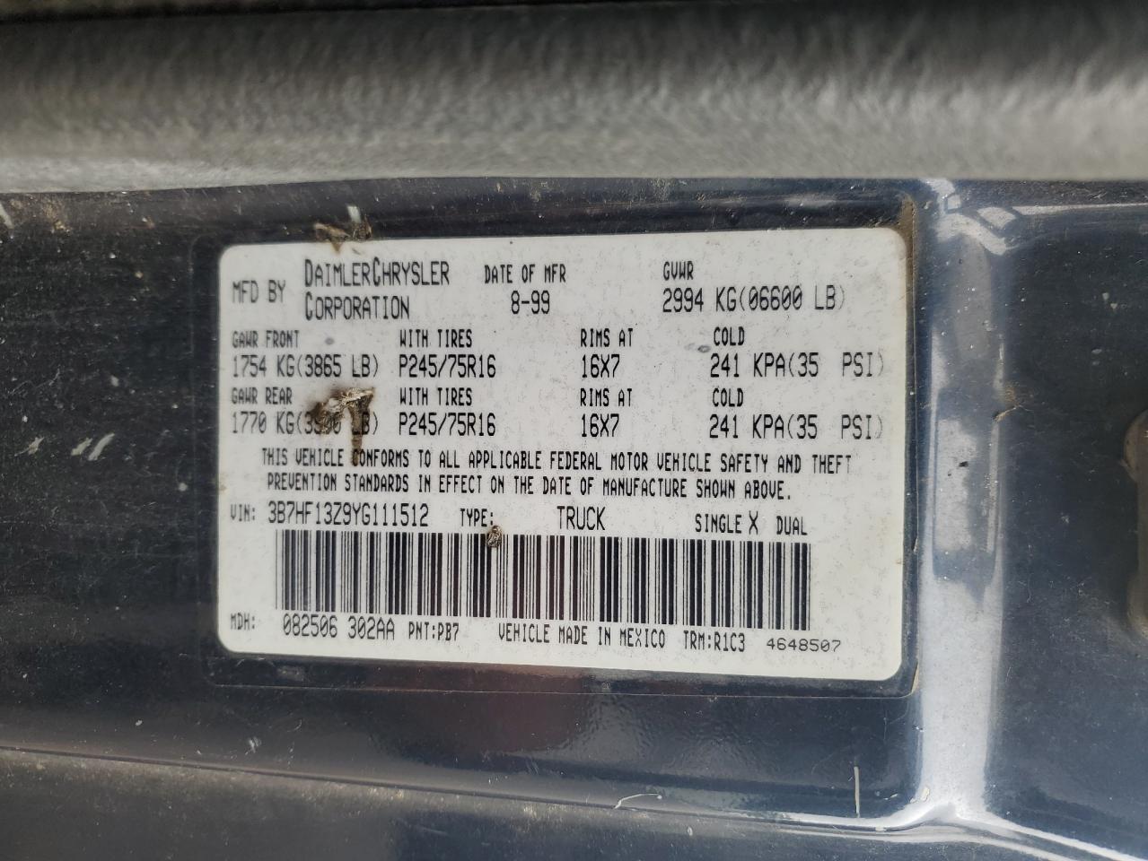 2000 Dodge Ram 1500 VIN: 3B7HF13Z9YG111512 Lot: 59499945