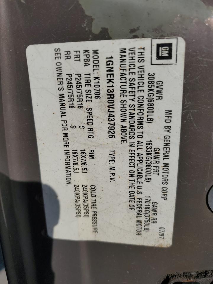 1997 Chevrolet Tahoe K1500 VIN: 1GNEK13R0VJ437926 Lot: 62457605