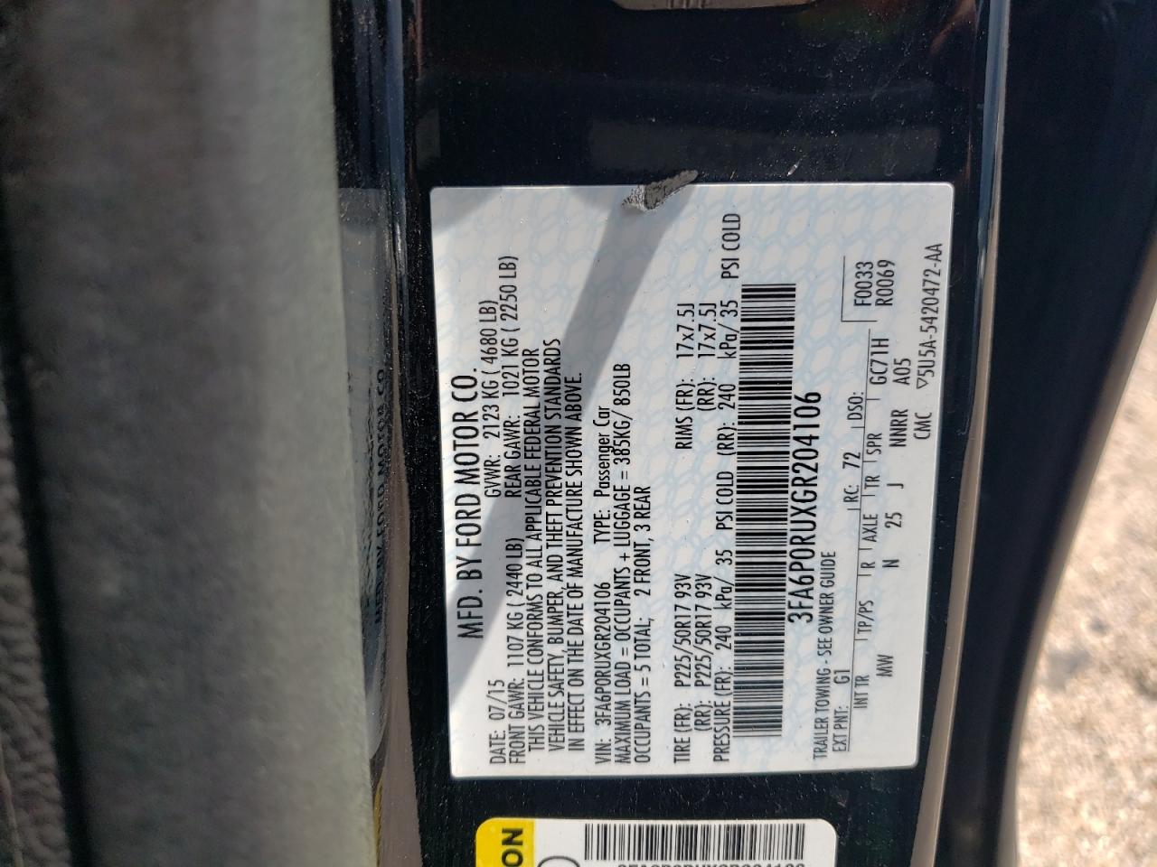 2016 Ford Fusion Titanium Hev VIN: 3FA6P0RUXGR204106 Lot: 62769015