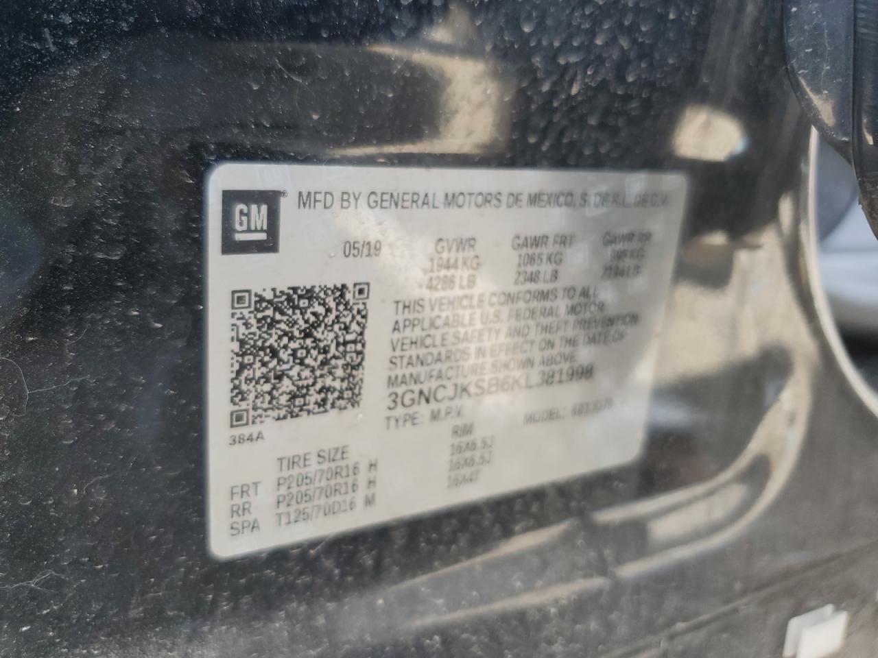 2019 Chevrolet Trax Ls VIN: 3GNCJKSB6KL381998 Lot: 62742545