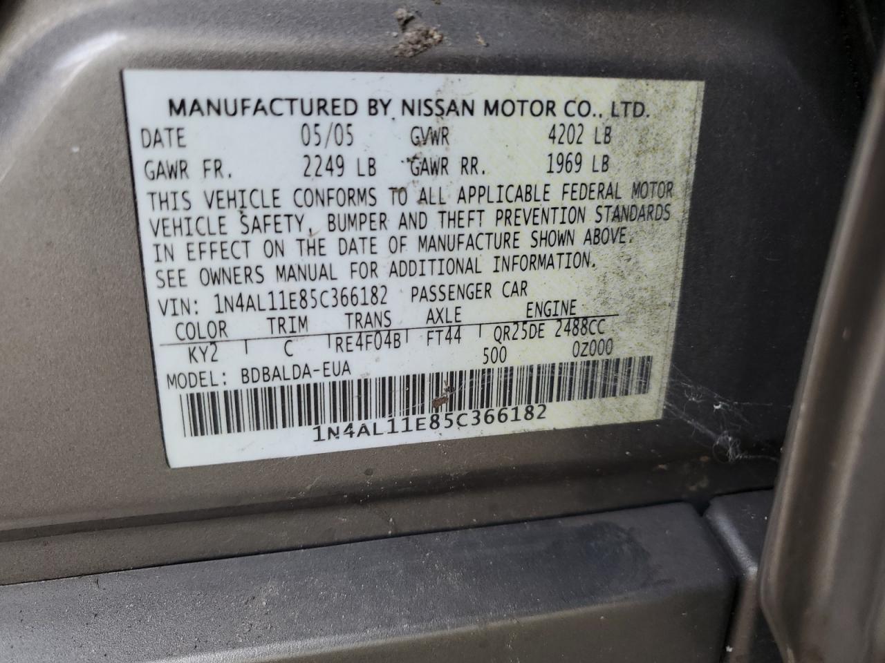 2005 Nissan Altima S VIN: 1N4AL11E85C366182 Lot: 62152005