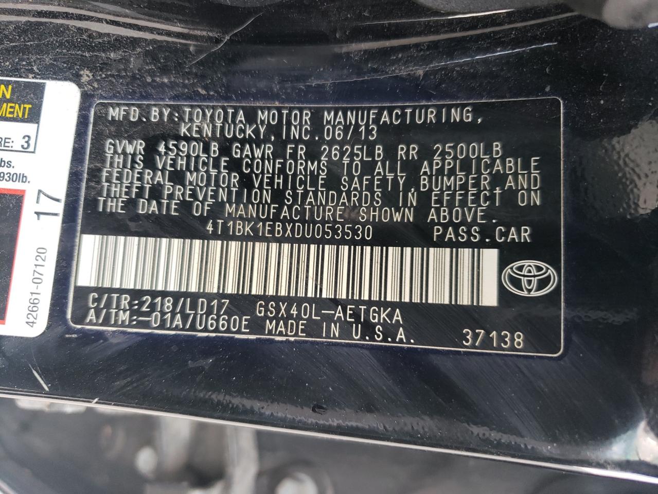 2013 Toyota Avalon Base VIN: 4T1BK1EBXDU053530 Lot: 62857485