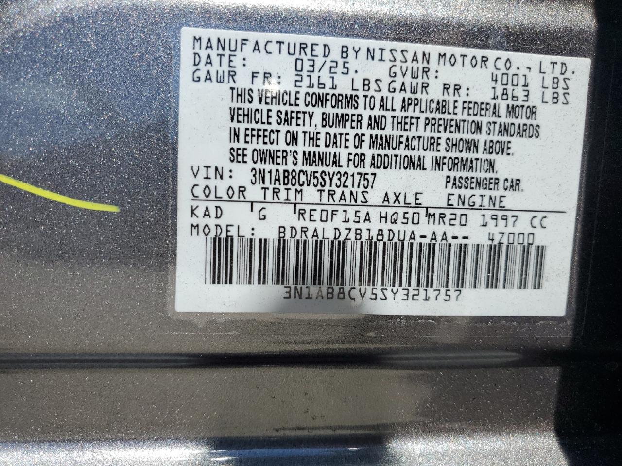 2025 Nissan Sentra Sv VIN: 3N1AB8CV5SY321757 Lot: 63119445