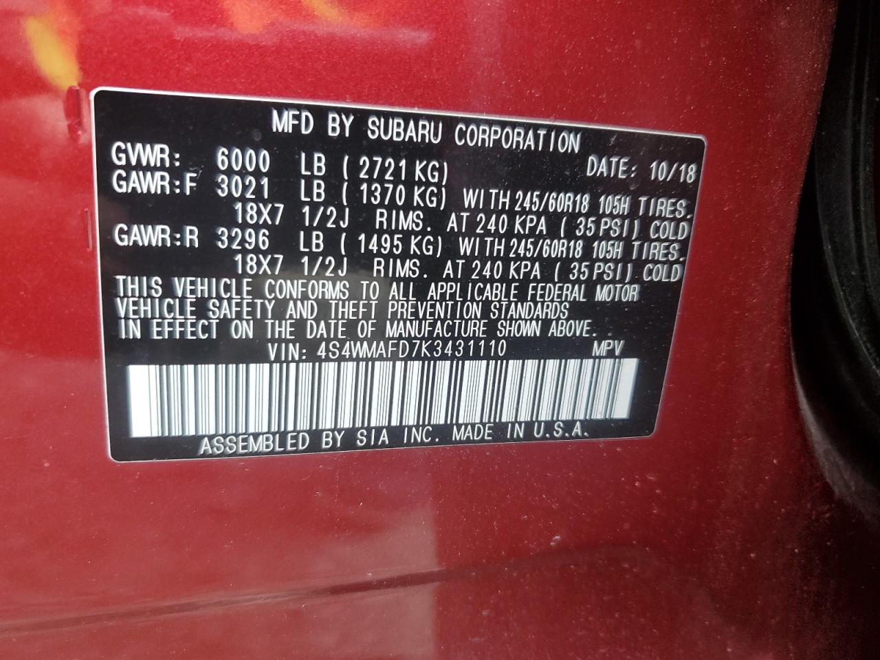 2019 Subaru Ascent Premium VIN: 4S4WMAFD7K3431110 Lot: 61359495