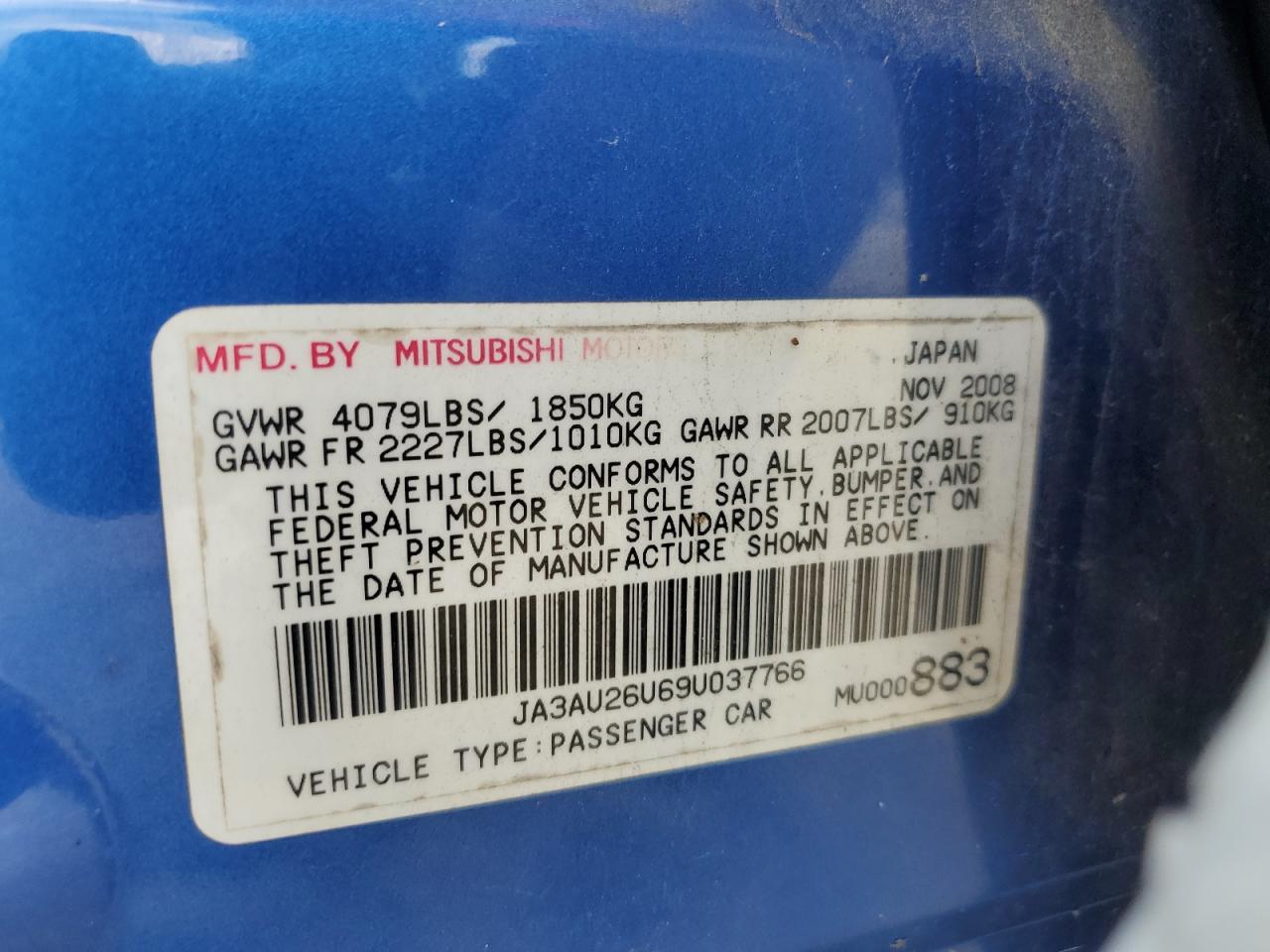 2009 Mitsubishi Lancer Es/Es Sport VIN: JA3AU26U69U037766 Lot: 55746725