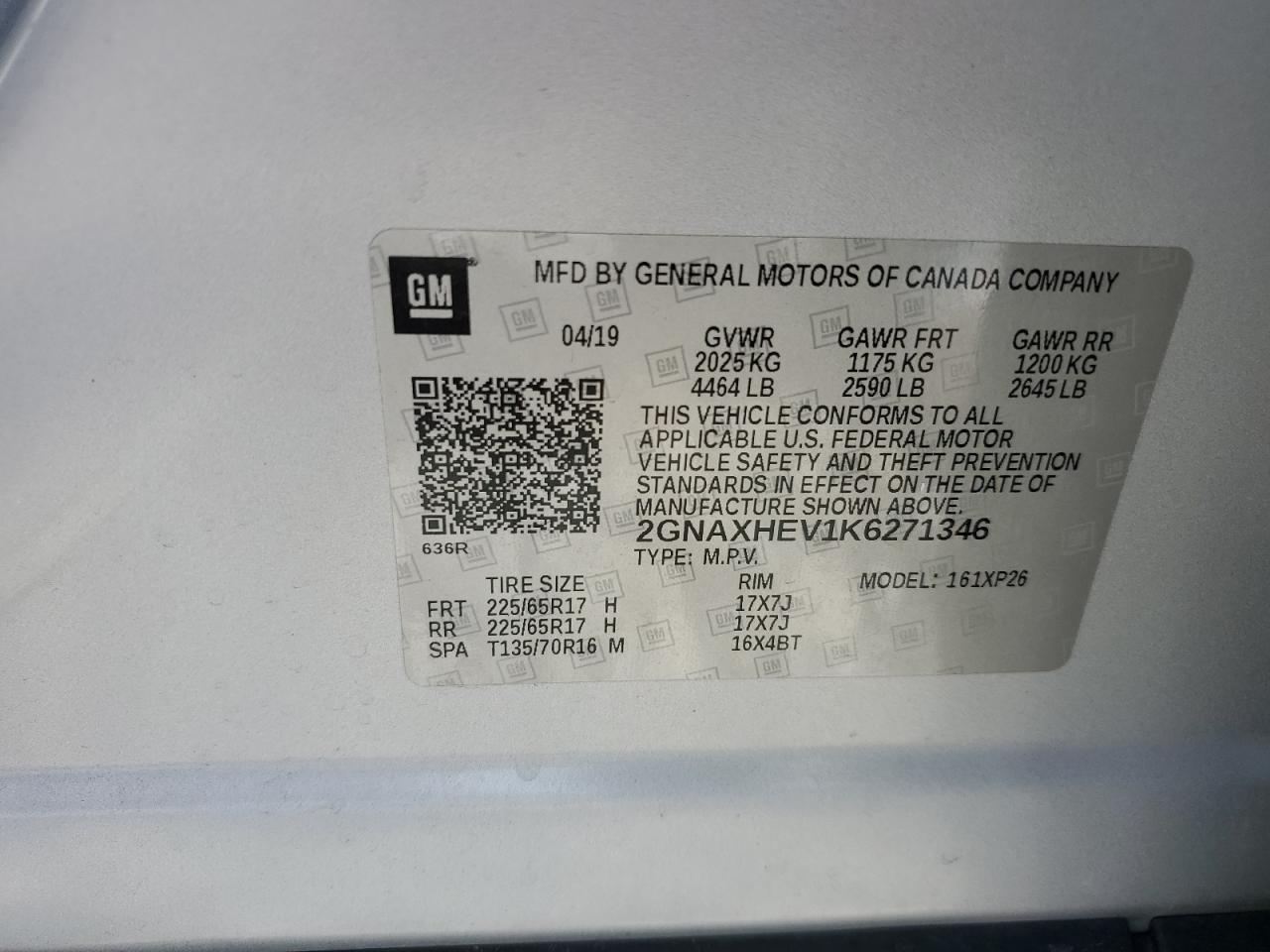 CHEVROLET EQUINOX 2019 VIN 2GNAXHEV1K6271346 zdjęcie 13
