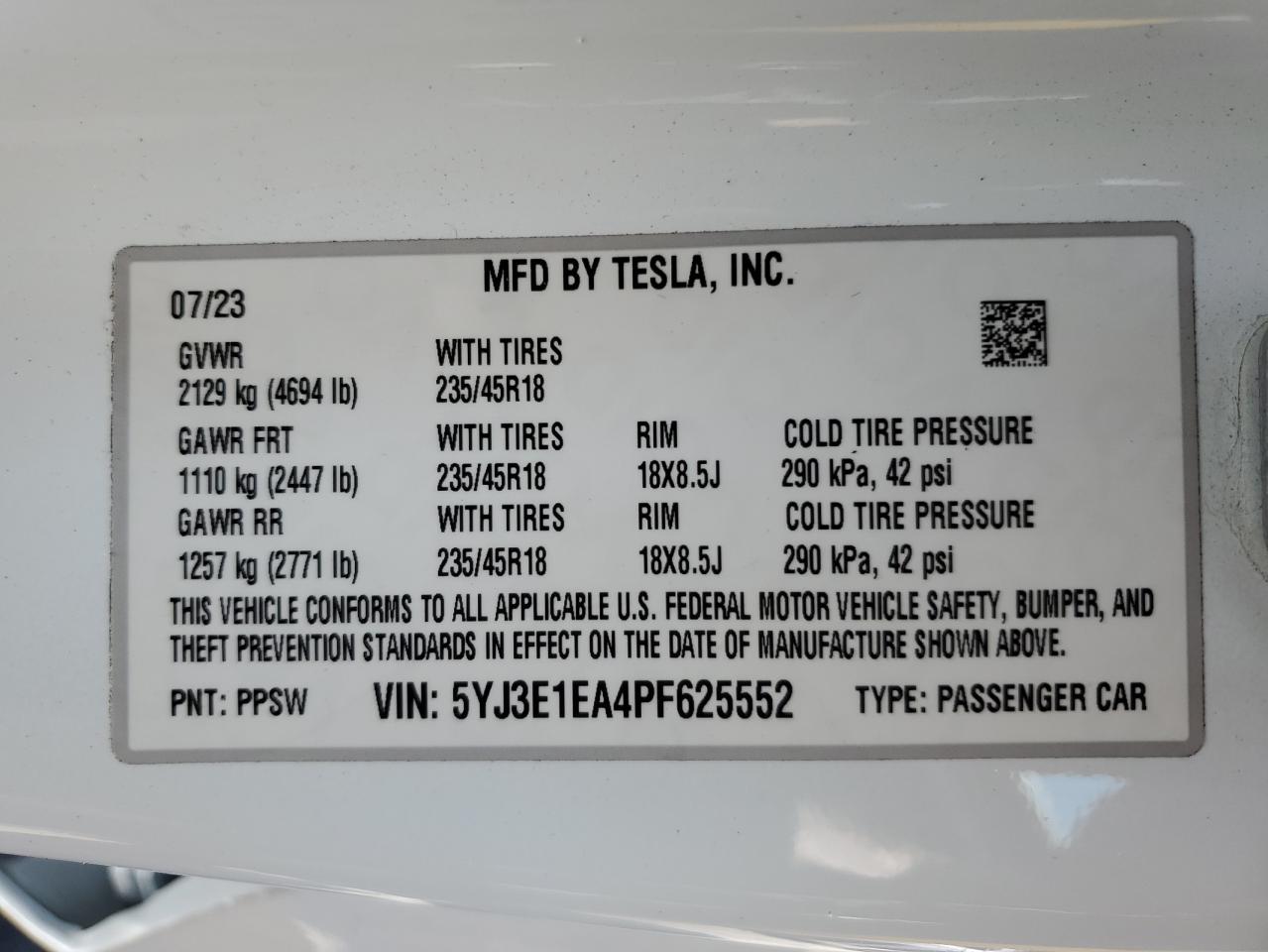 2023 Tesla Model 3 VIN: 5YJ3E1EA4PF625552 Lot: 62729895
