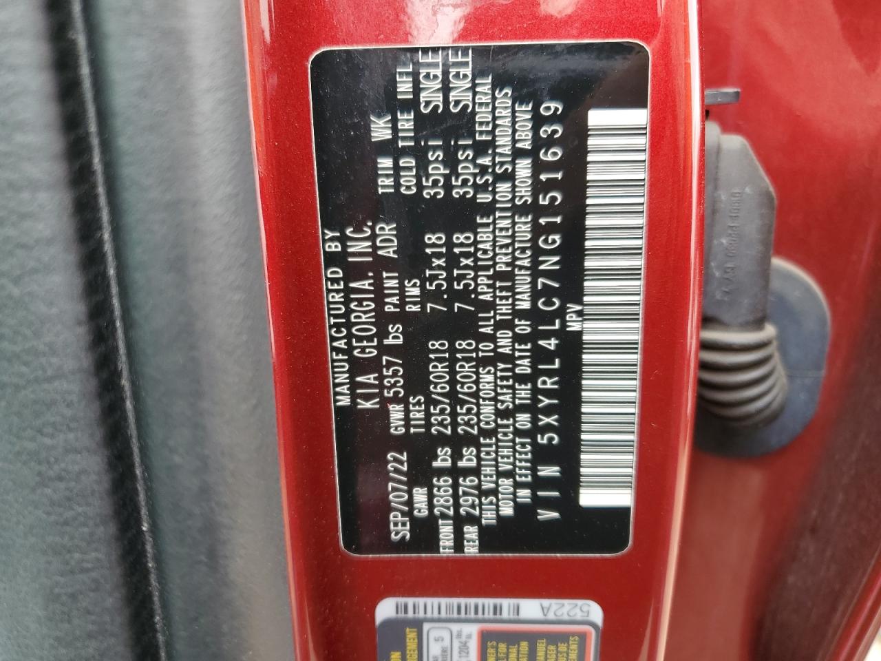 2022 Kia Sorento S VIN: 5XYRL4LC7NG151639 Lot: 60571975