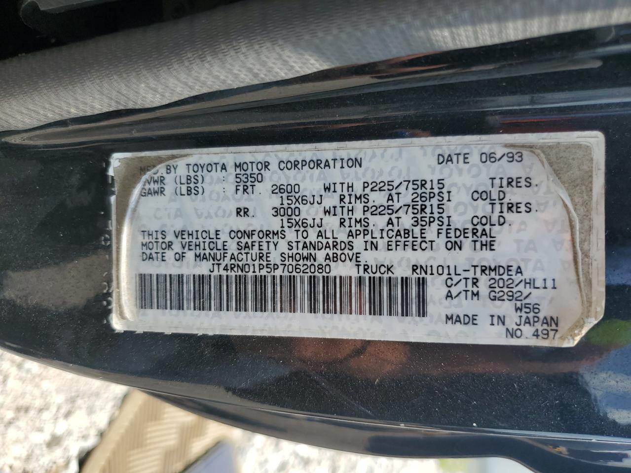 1993 Toyota Pickup 1/2 Ton Short Wheelbase VIN: JT4RN01P5P7062080 Lot: 62055375