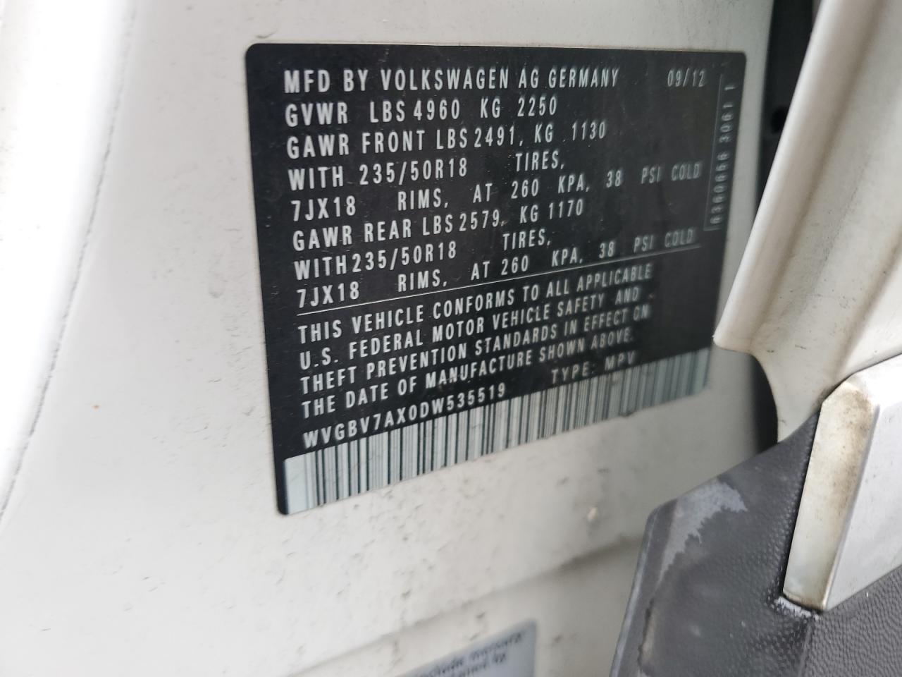 2013 Volkswagen Tiguan S VIN: WVGBV7AX0DW535519 Lot: 59439405