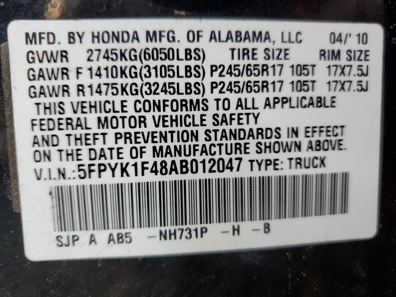 2010 Honda Ridgeline Rts VIN: 5FPYK1F48AB012047 Lot: 61814315
