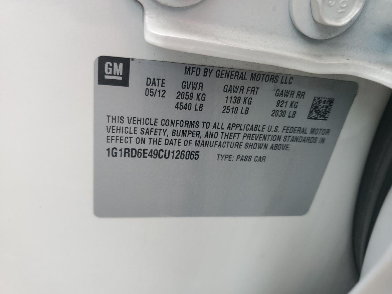 2012 Chevrolet Volt VIN: 1G1RD6E49CU126065 Lot: 59895615