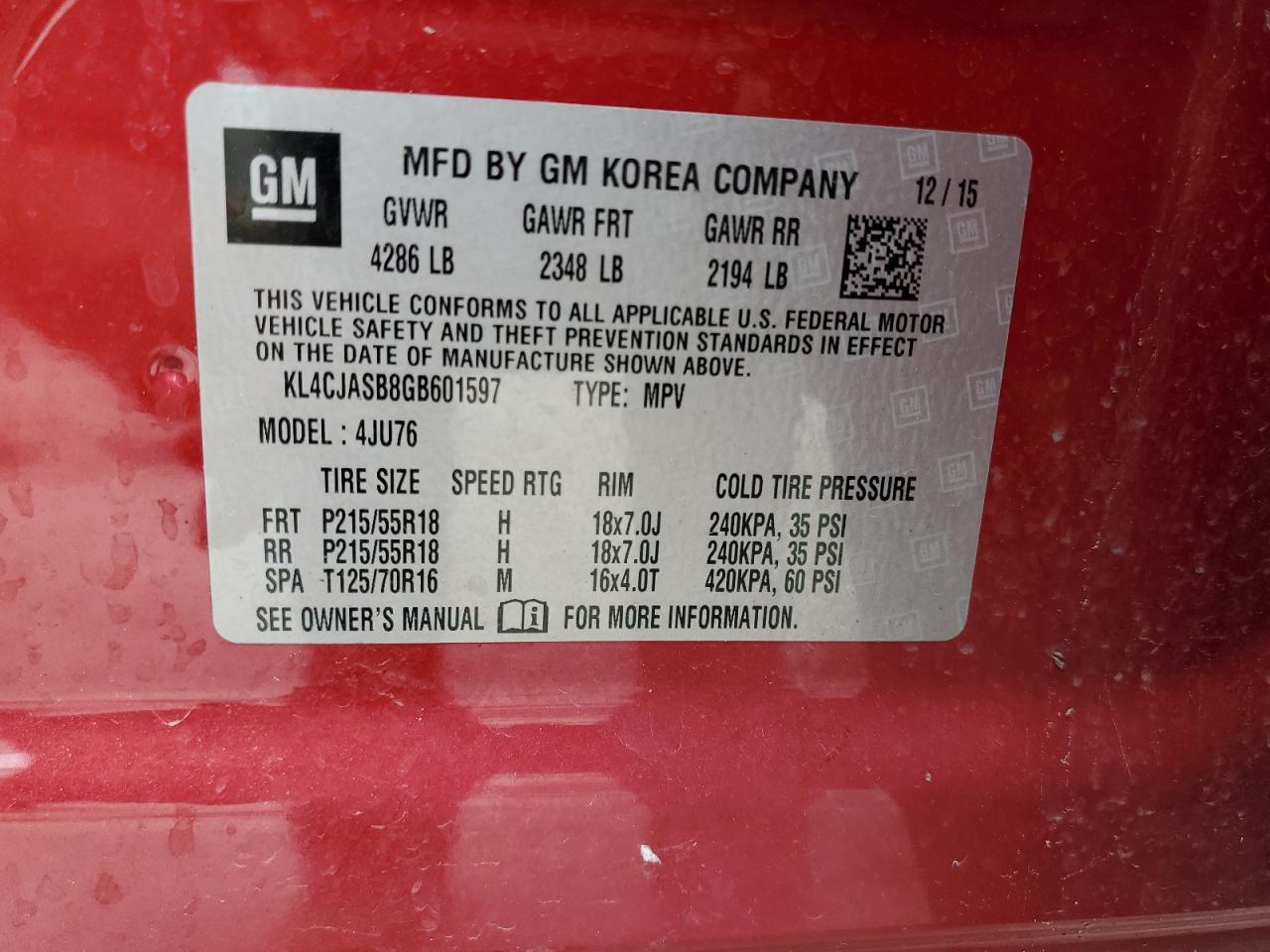 2016 Buick Encore VIN: KL4CJASB8GB601597 Lot: 59284815