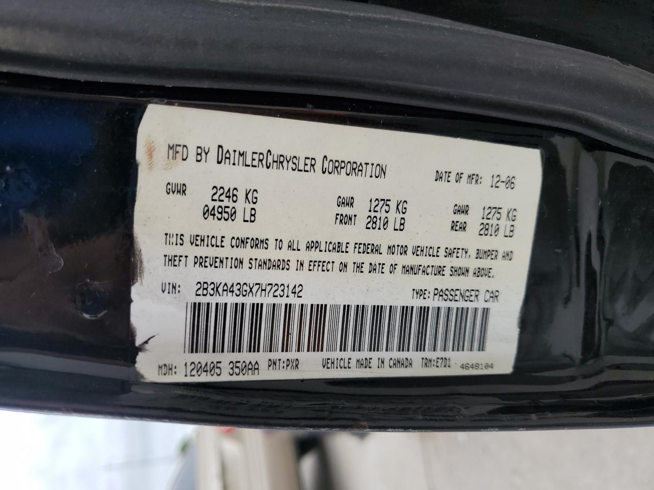 2007 Dodge Charger Se VIN: 2B3KA43GX7H723142 Lot: 62311005