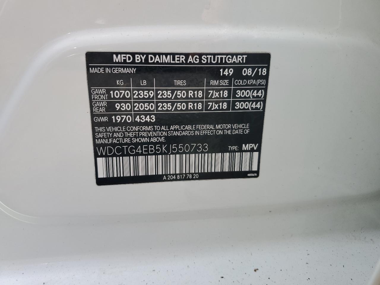 2019 Mercedes-Benz Gla 250 VIN: WDCTG4EB5KJ550733 Lot: 62033655