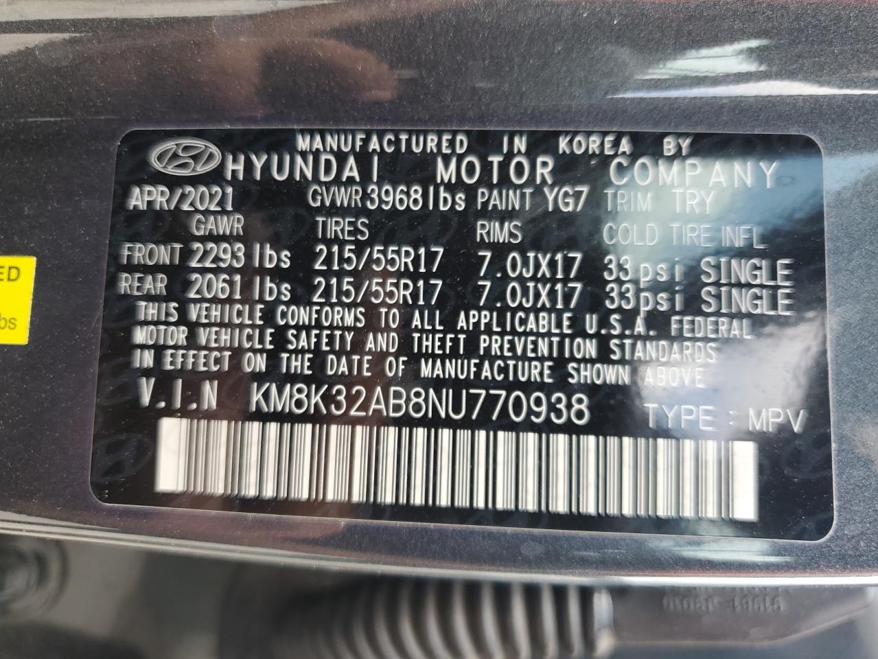 2022 Hyundai Kona Sel VIN: KM8K32AB8NU770938 Lot: 59397615
