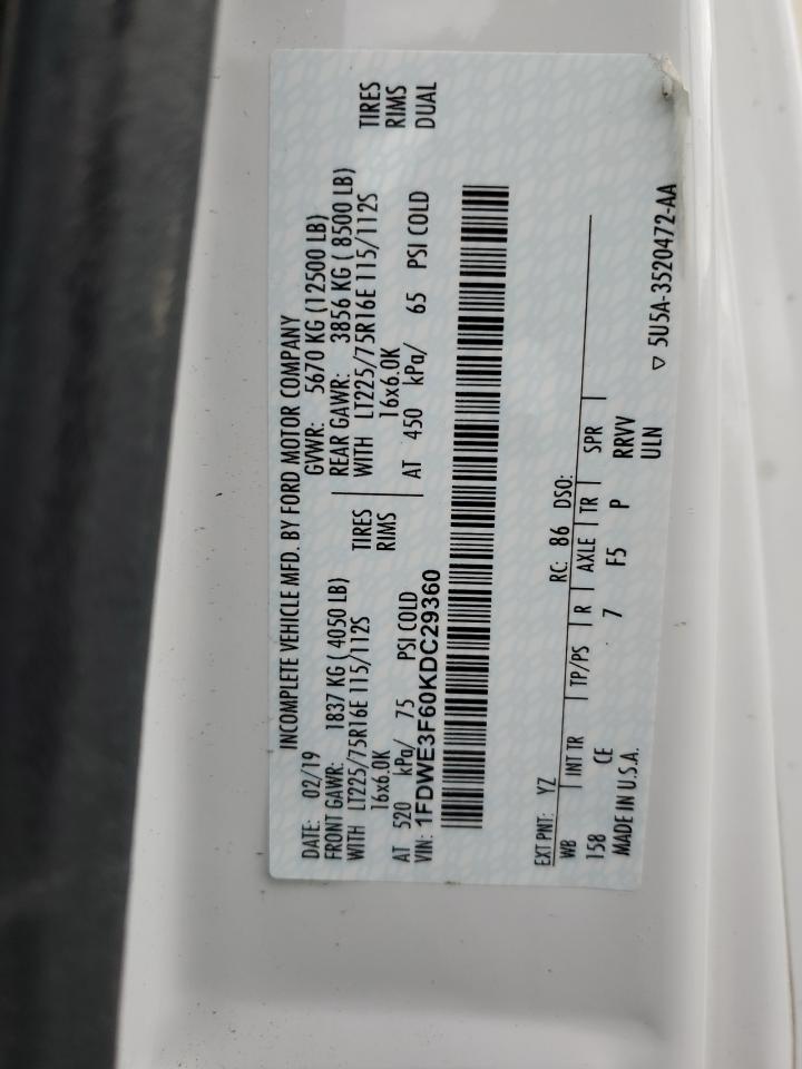 2019 Ford Econoline E350 Super Duty Cutaway Van VIN: 1FDWE3F60KDC29360 Lot: 62153815