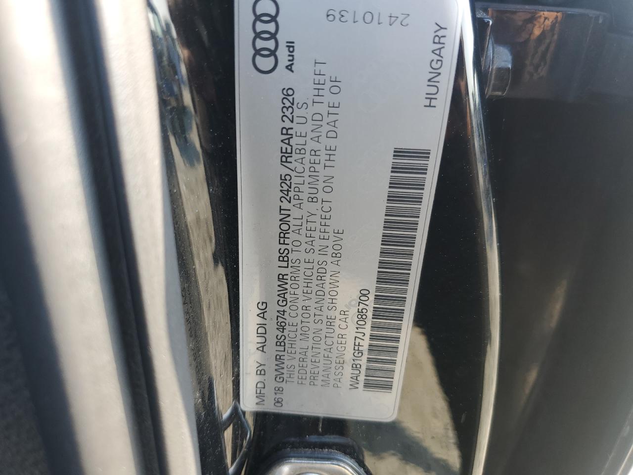 2018 Audi S3 Premium Plus VIN: WAUB1GFF7J1085700 Lot: 62385865