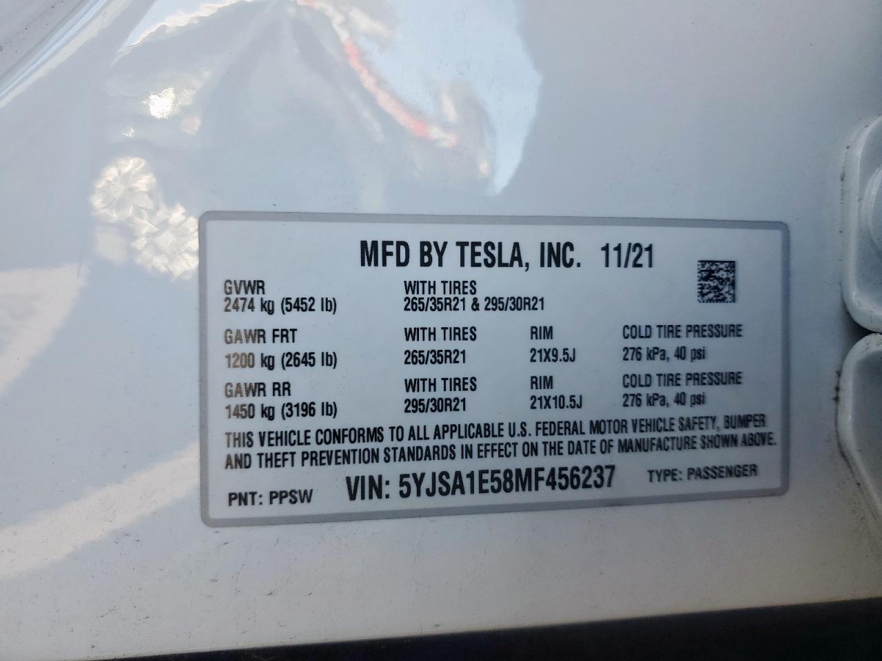 2021 Tesla Model S VIN: 5YJSA1E58MF456237 Lot: 62703905