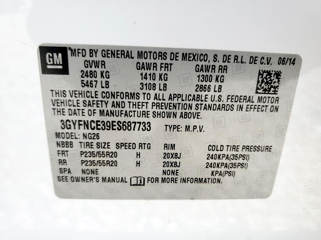 2014 Cadillac Srx Performance Collection VIN: 3GYFNCE39ES687733 Lot: 62770665