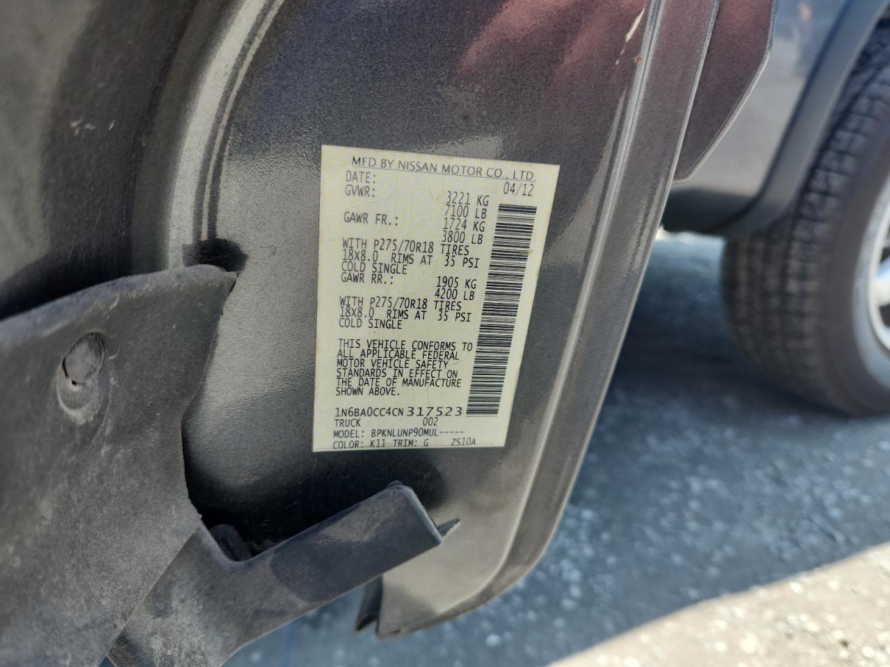 2012 Nissan Titan S VIN: 1N6BA0CC4CN317523 Lot: 60144125