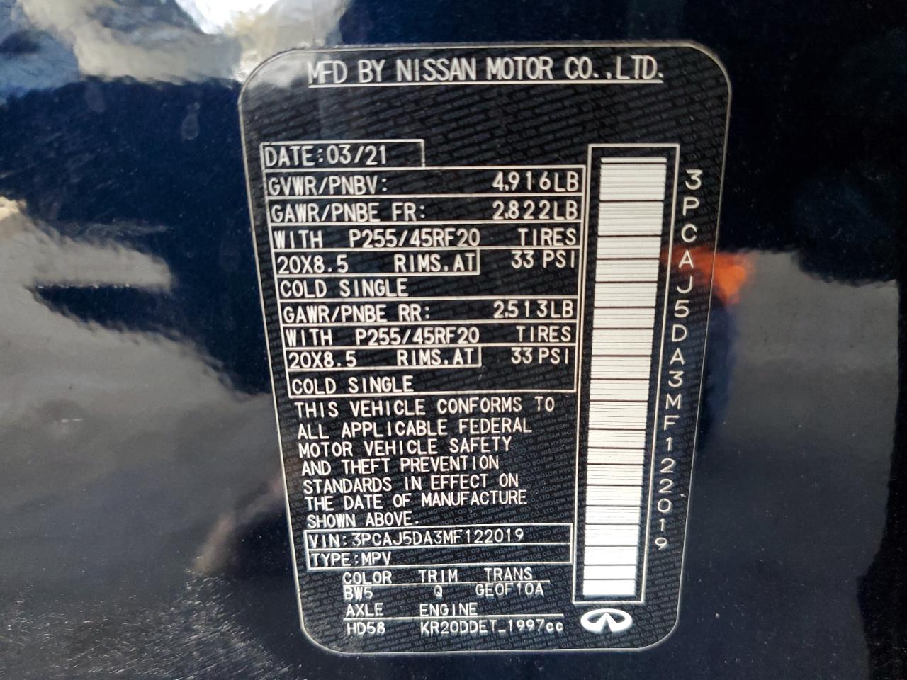 2021 Infiniti Qx50 Sensory VIN: 3PCAJ5DA3MF122019 Lot: 61971915