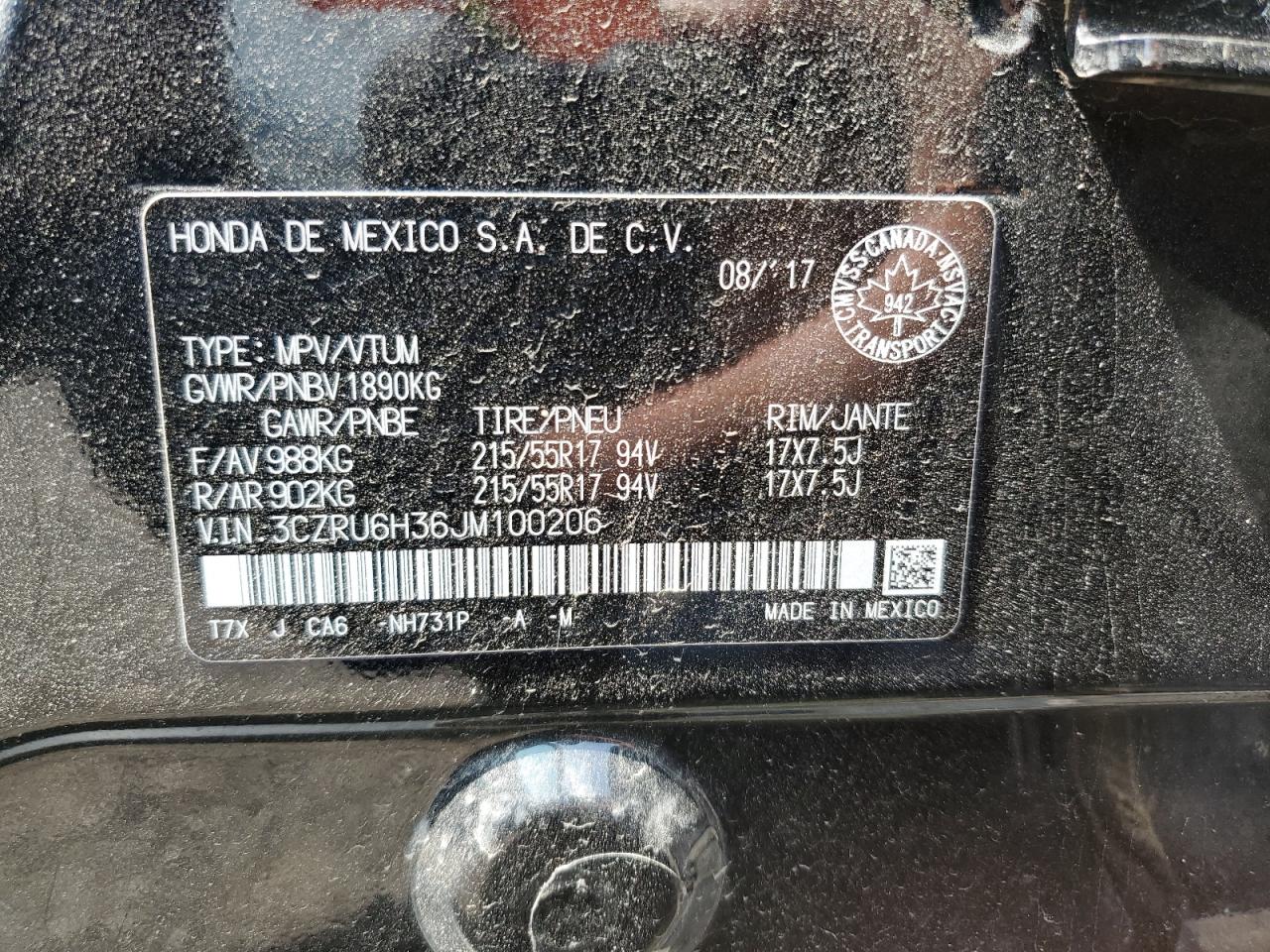 2018 Honda Hr-V Lx VIN: 3CZRU6H36JM100206 Lot: 61137215