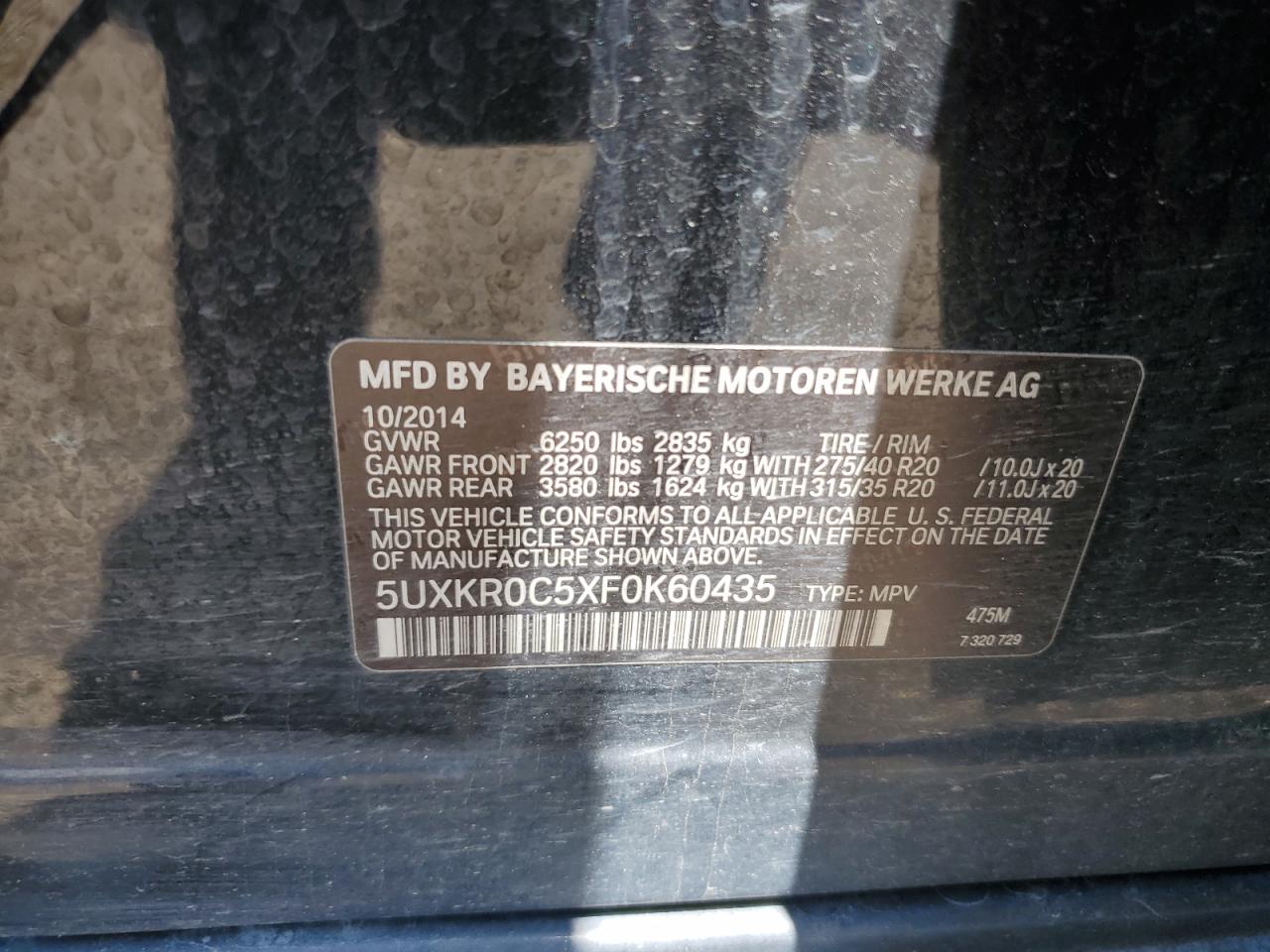 2015 BMW X5 xDrive35I VIN: 5UXKR0C5XF0K60435 Lot: 62463665