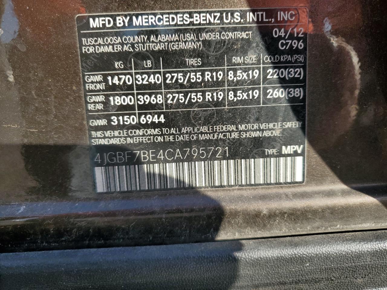 2012 Mercedes-Benz Gl 450 4Matic VIN: 4JGBF7BE4CA795721 Lot: 62145005