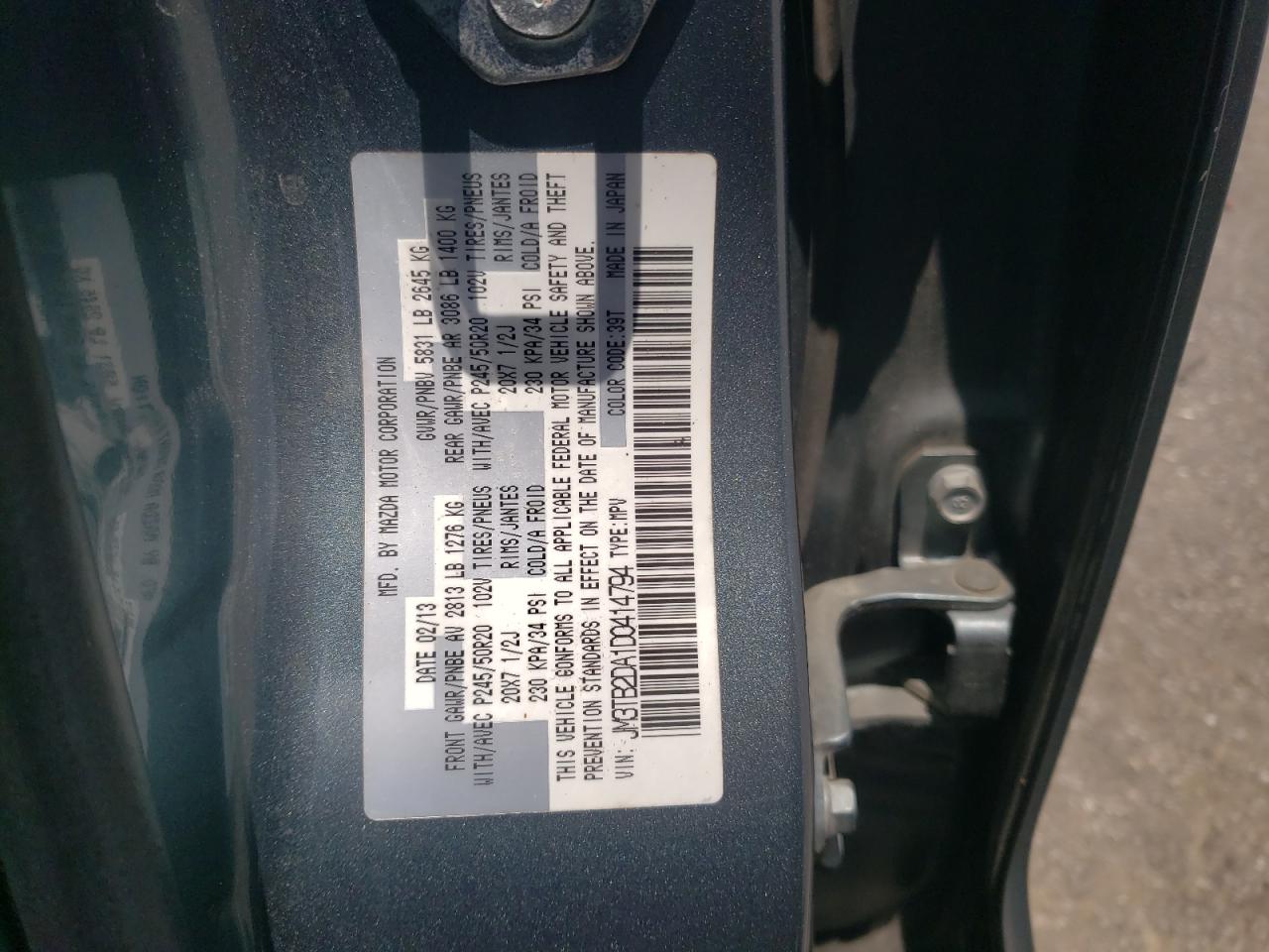 2013 Mazda Cx-9 Grand Touring VIN: JM3TB2DA1D0414794 Lot: 62099895