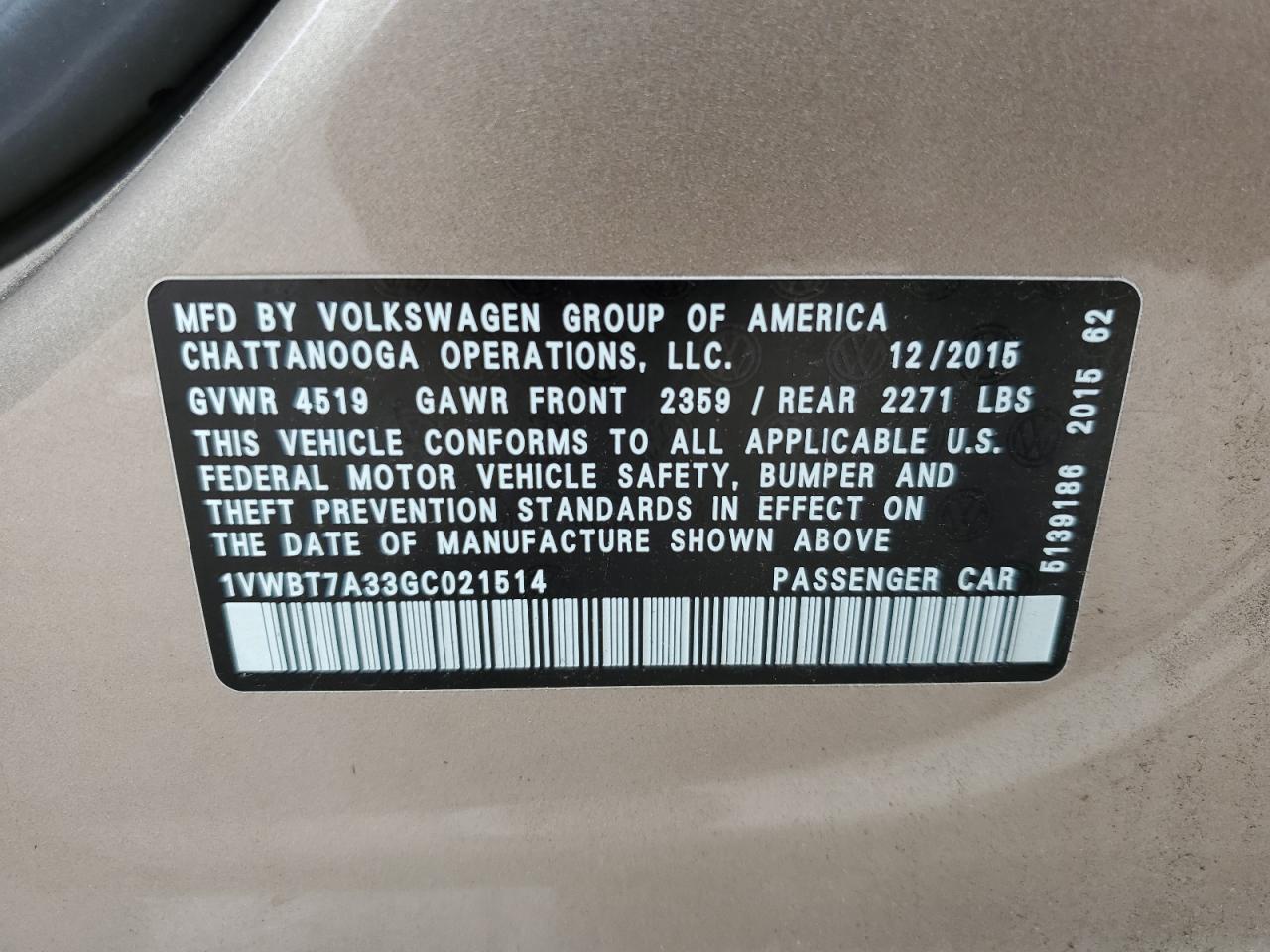 VOLKSWAGEN PASSAT 2016 VIN 1VWBT7A33GC021514 zdjęcie 12