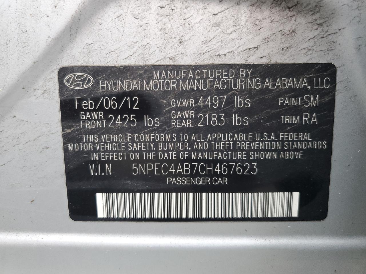 2012 Hyundai Sonata Se VIN: 5NPEC4AB7CH467623 Lot: 62216275