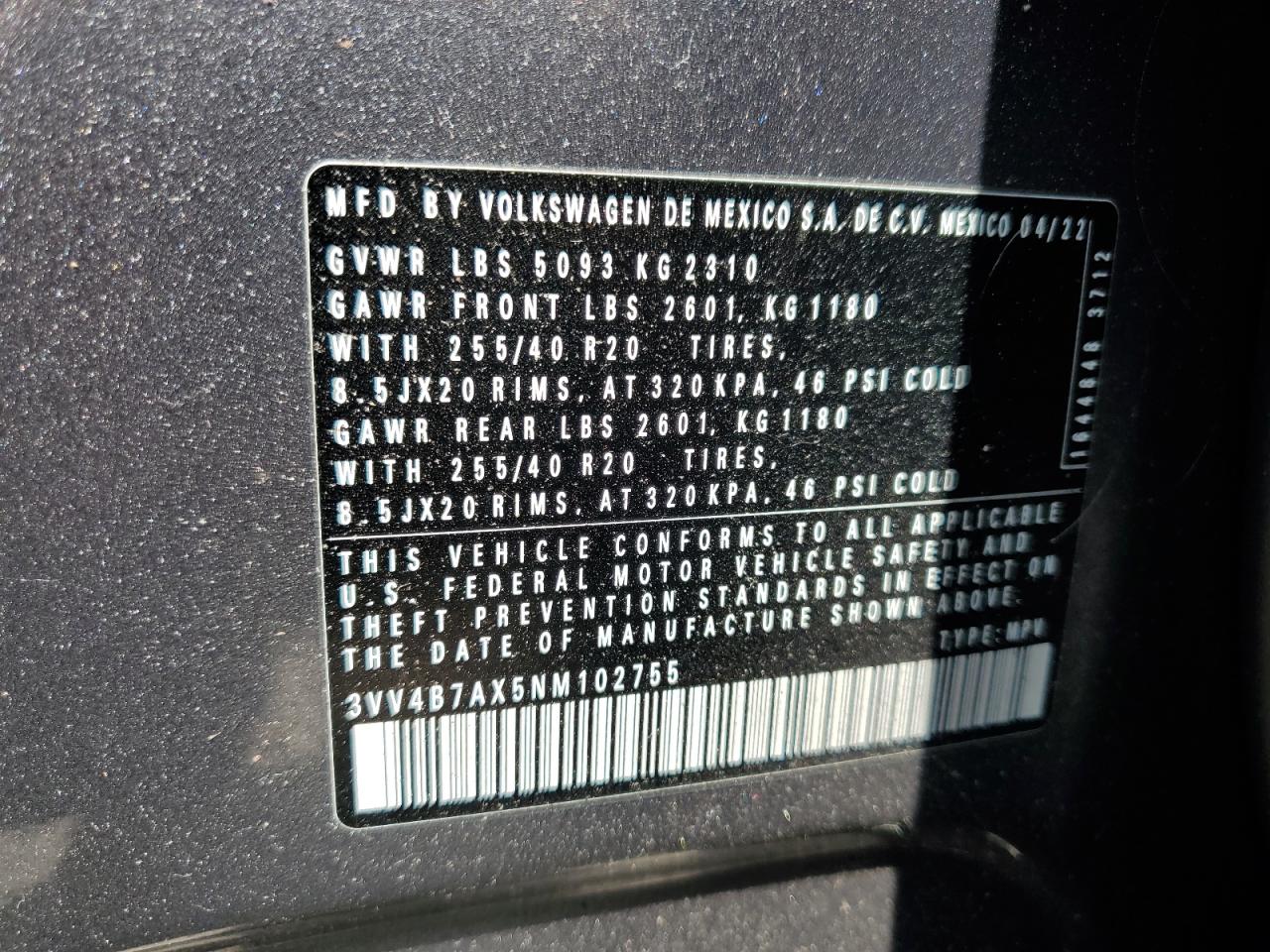 2022 Volkswagen Tiguan Sel R-Line VIN: 3VV4B7AX5NM102755 Lot: 61492055