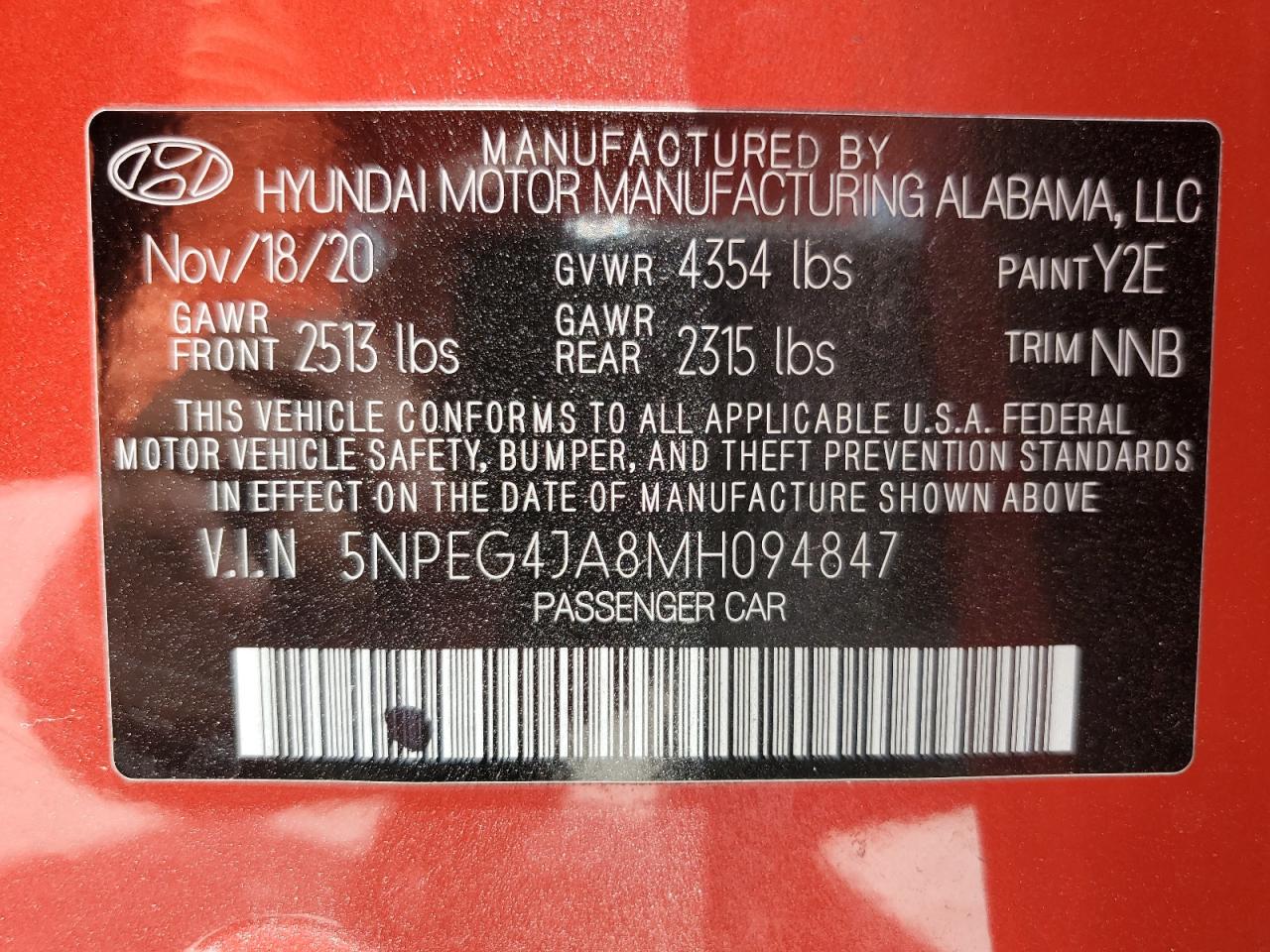2021 Hyundai Sonata Se VIN: 5NPEG4JA8MH094847 Lot: 63057925
