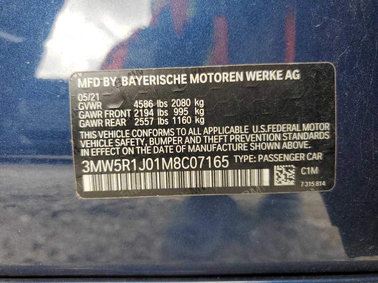 2021 BMW 330I VIN: 3MW5R1J01M8C07165 Lot: 59234775