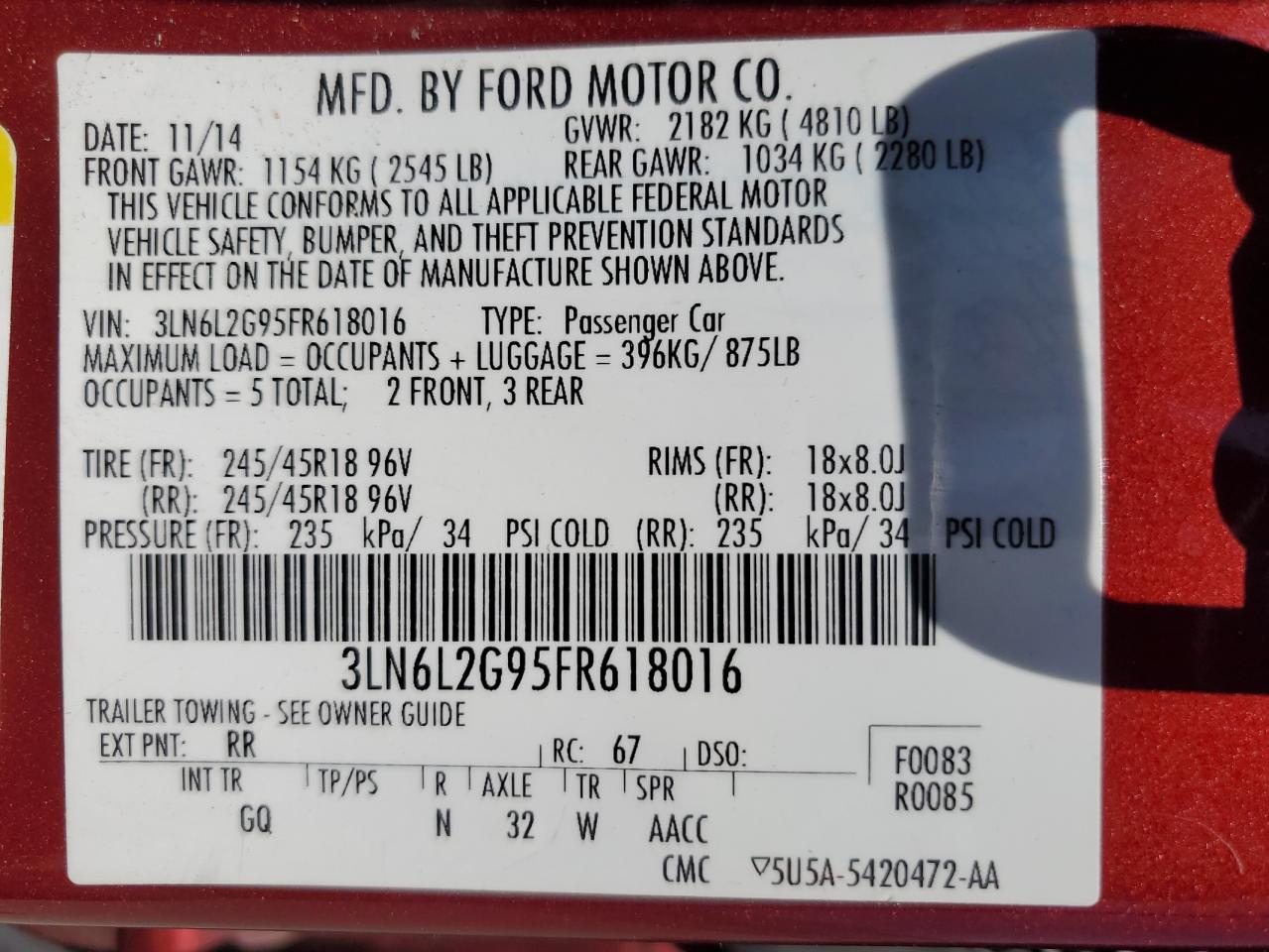 2015 Lincoln Mkz VIN: 3LN6L2G95FR618016 Lot: 62378435