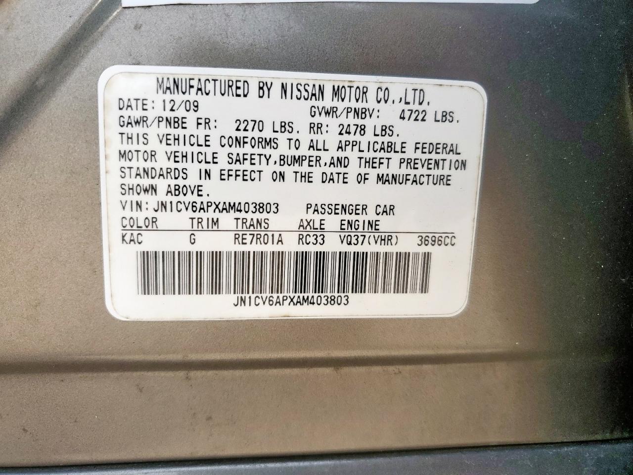 2010 Infiniti G37 Base VIN: JN1CV6APXAM403803 Lot: 60377135