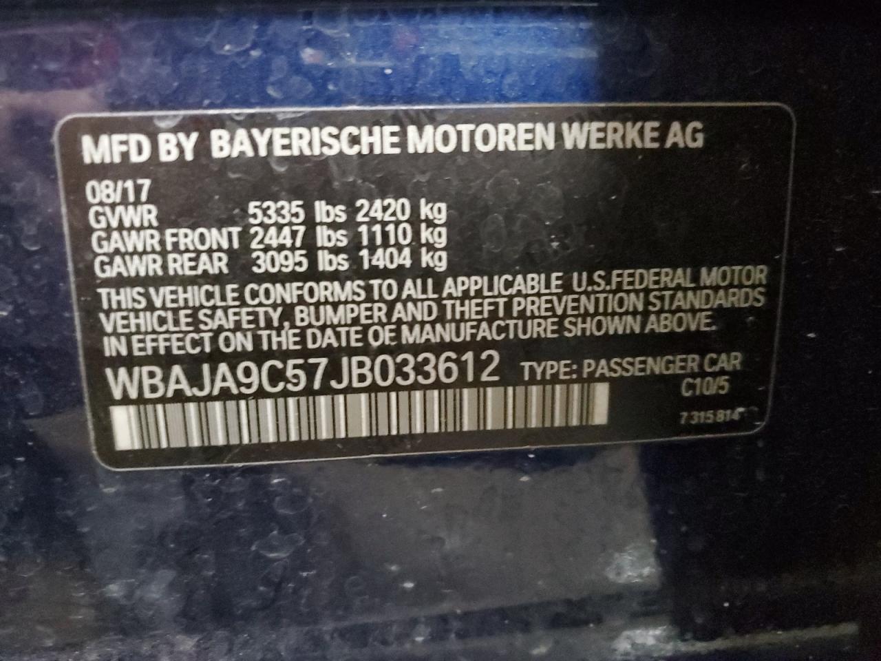 2018 BMW 530E VIN: WBAJA9C57JB033612 Lot: 61150485
