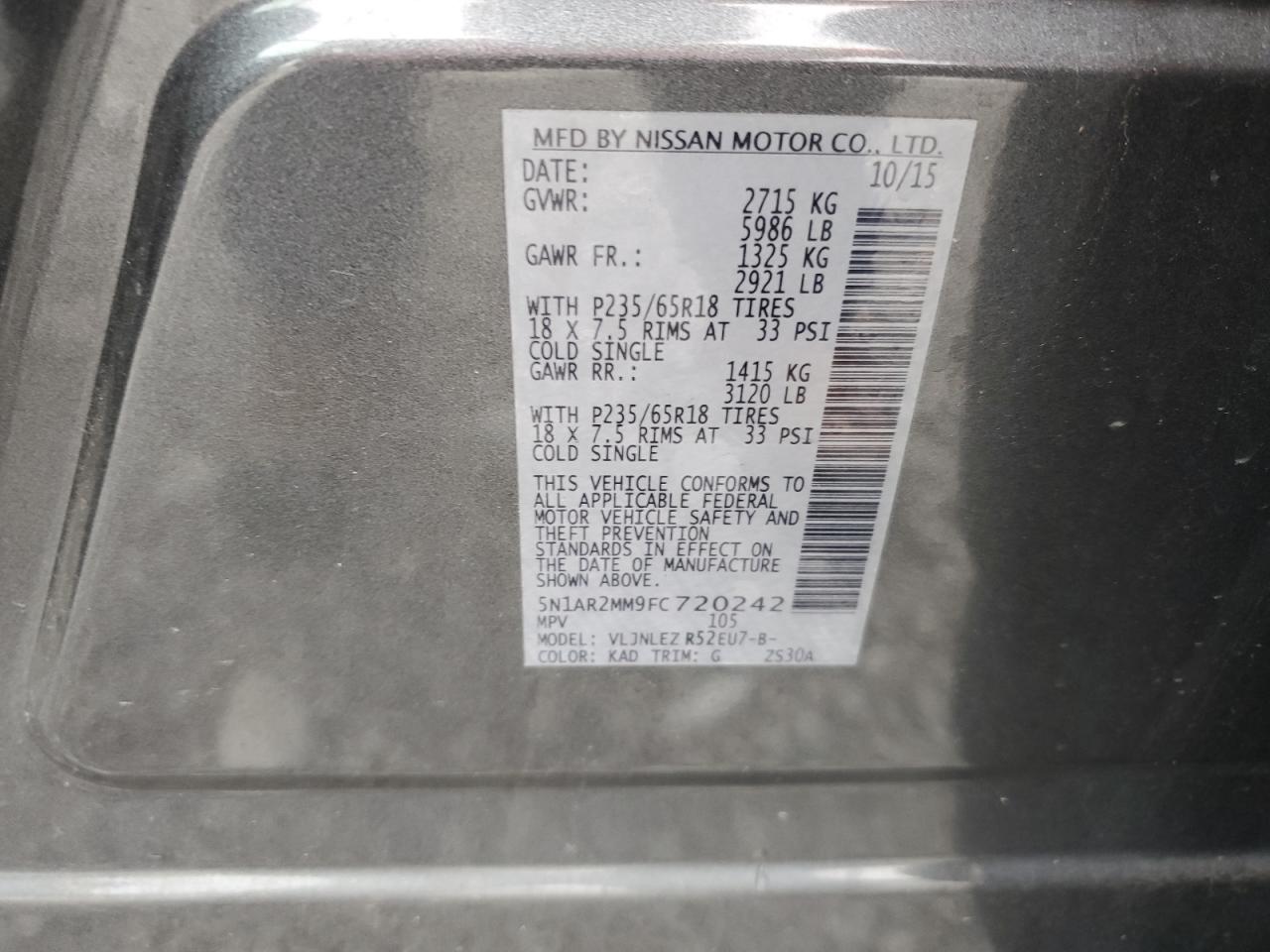 2015 Nissan Pathfinder S VIN: 5N1AR2MM9FC720242 Lot: 63097745