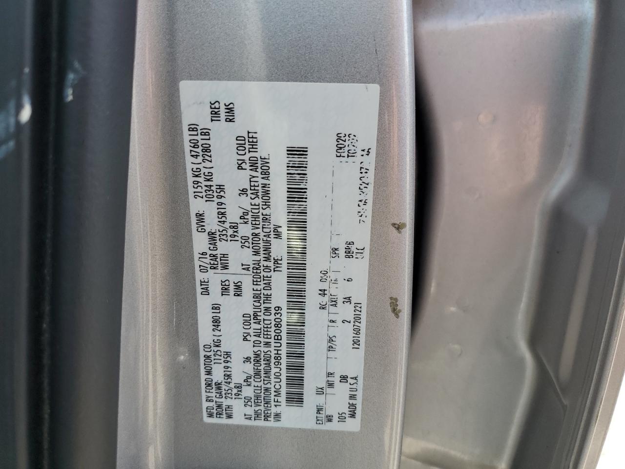 2017 Ford Escape Titanium VIN: 1FMCU0J98HUB08039 Lot: 62487515