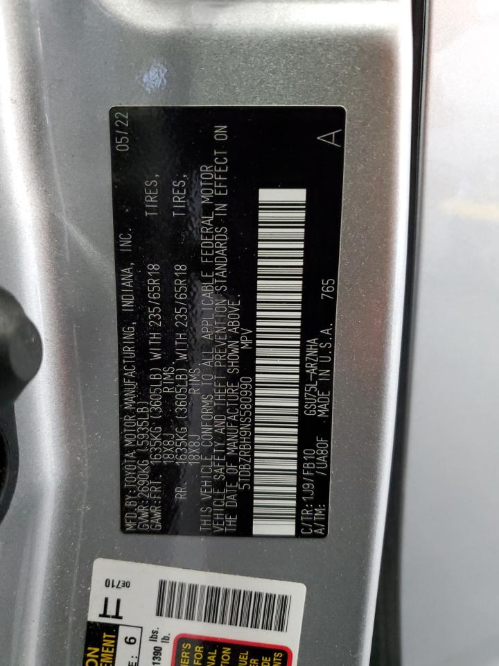 2022 Toyota Highlander L VIN: 5TDBZRBH9NS580990 Lot: 62736155