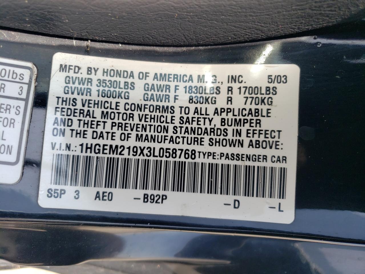2003 Honda Civic Ex VIN: 1HGEM219X3L058768 Lot: 62200785