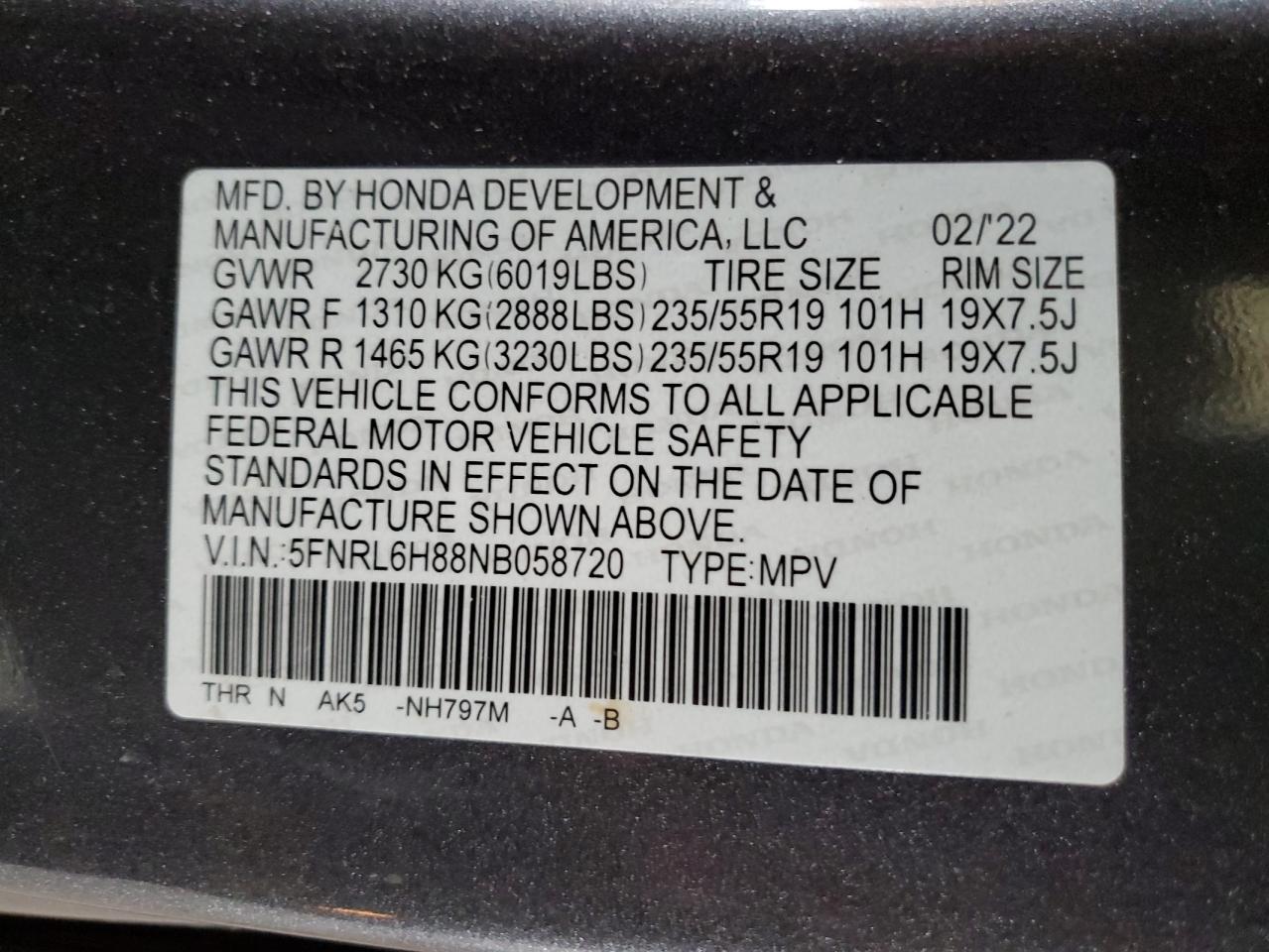 2022 Honda Odyssey Touring VIN: 5FNRL6H88NB058720 Lot: 61505685