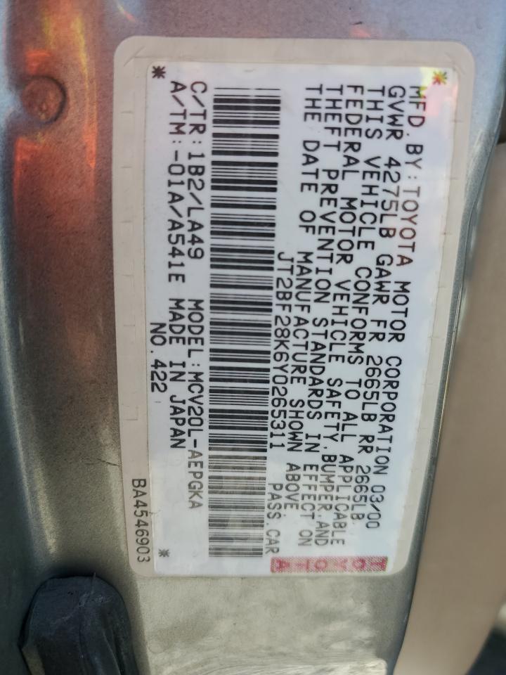 2000 Toyota Camry Le VIN: JT2BF28K6Y0265311 Lot: 62528065